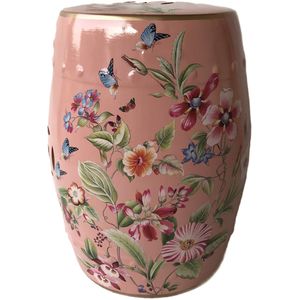 Fine Asianliving Keramische Kruk Roze Bloemen Handgemaakt - Fiora D30xH45cm Keramiek Bijzettafel Porselein Stoel Tuinkruk