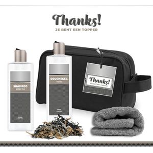 Geschenkset ""Thanks! Je bent een topper"" - 4 Producten - 450 Gram | Toilettas - Giftset voor hem - Luxe cadeaubox man - Douchegel - Shampoo - Vader - Wellness - Pakket - Cadeau set - Bedankt - Thank You - Broer - Vriend - Collega - Zilver