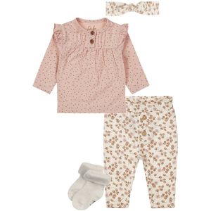 Dirkje - Basic Collection - BIO COTTON - Broek met bloemetjes Offwhite - Shirt Light Dusty Pink met stipjes - Haarbandje - 1 paar Noppies sokjes - Maat 86