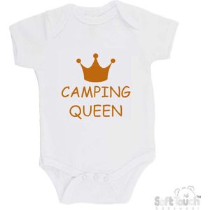 100% Katoenen Romper ""Camping Queen"" Unisex Katoen Wit/tan Maat 56/62