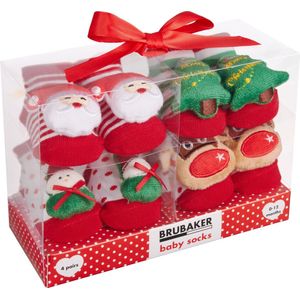 BRUBAKER 4 paar Babysokken voor Jongens en Meisjes 0-12 maanden - Babyshower - Cadeau - Babycadeauset voor pasgeborenen in geschenkverpakking met strik - Kerstsokken