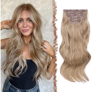 Clip in Extensions Golvende Haarverlenging, 5 PCS Lange Krullend Haarextensies met Clips Synthetische Haarstuk Haarstukjes voor Vrouwen, 50 cm Karamelbruin Gemengd Asblond