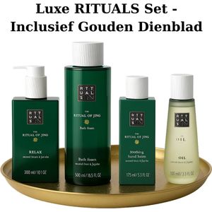 Rituals - Geschenkset - Jing - Hand Wash 300 ml + Kitchen Hand Balm 175 ml + Bath Foam 500 ml + Hair & Body Oil 100 ml + Gouden Dienblad - Cadeau Set - Rituals Producten - Handzeep 300 ml