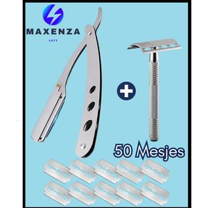 Maxenza Shavette Scheermes - Klapmes - Inclusief 50 Scheermesjes en een Safety Razor - Klassiek Open Scheermes - Kappersmes - Barbiermes - Zilver