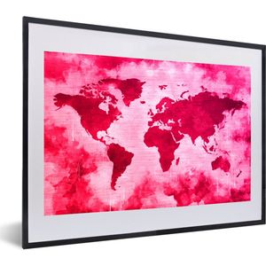 Fotolijst incl. Poster - Wereldkaart - Rood - Roze - 60x40 cm - Posterlijst