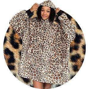 Fleece kinder poncho - plaid met mouwen en capuchon voor kinderen - oversized hoodie kind - fleece deken met mouwen – hoodie blanket - TV deken – zacht & warm - leopard - 134 t/m 164 - Badrock