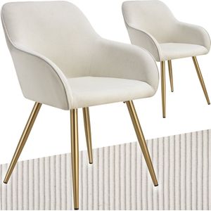 tectake® Stoel - Gestoffeerde woonkamerstoel met cordlook/ribstof - Designstoel, loungestoel - Draagvermogen tot 120kg - Set van 2 - Div kleuren - creme/goud
