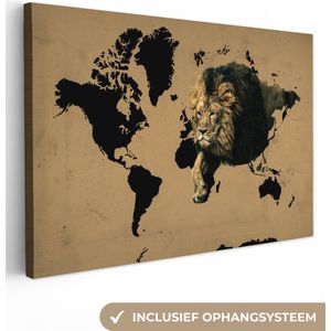 Canvas Wereldkaart - 140x90 - Wanddecoratie Wereldkaart - Bruin - Leeuw