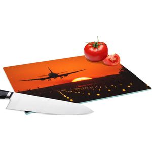 Glazen Snijplank - 28x20 - Zonsondergang - Vliegtuig - Oranje - Zon - Snijplanken Glas