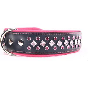 Dog's Companion Leren Halsband - met Strass Kristallen - Lengte: 75 cm Verstelbaar van 60-73 cm x 50 mm - Zwart/Roze