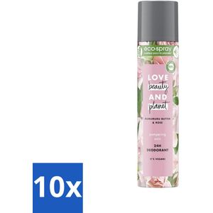10 x Love Beauty and Planet - Deospray - Murumuru Butter & Rose - 75 ml - Deospray - Murumuru Butter - Rose Geur - Vegan Deodorant - Geur Tegen Lichaamsgeurtjes