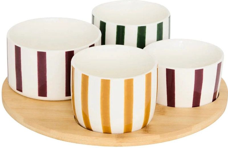 5Five - Serveerplank - Acacia Hout - D25 cm - Met 4x Luxe Schaaltjes - Wit/Kleuren - Rond