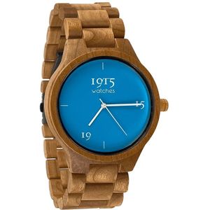 1915 Watch Origin North Sea - Ø 46 mm - Heren Horloge - Kersenhout - Polshorloge - Houten Horloge - 1915 watches - Duurzaam Cadeau - Inclusief Geschenkdoos - Cherrywood Watch - Herenhorloge - Horloge Geschenkset - Blauw