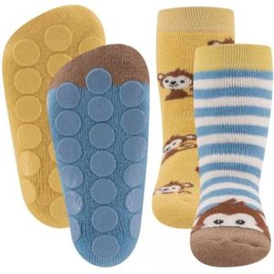 Ewers - Anti slip sokken - set van 2 paar aapjes - blauw/geel - antislip noppen - maat 23-26