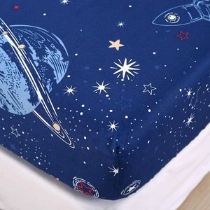 Hoeslaken, 160 x 200 cm, kindermatrasbeschermer, blauw Cartoon Galaxy-patroonlaken, microvezel hoeslaken voor boxspringbedden, matrassen tot 30 cm hoog