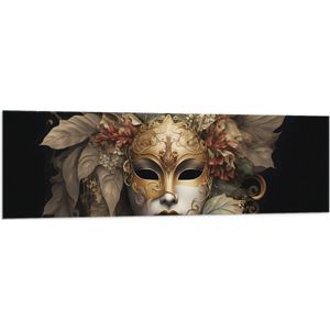 Vlag - Venetiaanse carnavals Masker met Gouden en Beige Details tegen Zwarte Achtergrond - 150x50 cm Foto op Polyester Vlag