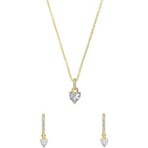 Lucardi Dames Zilveren goldplated sieradenset ketting en oorringen hart zirkonia - Cadeau - Moederdag Set - 925 Zilver - Goudkleurig