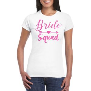 Bellatio Decorations Vrijgezellenfeest T-shirt dames - bride squad - wit - roze glitter - bruiloft M