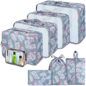 Koffer Organizer Packing Cubes, 8 stuks, reiskubussen kofferorganizer, compressiezakken voor koffer met waterdichte schoenentas, kledingtassen, blauwe flamingo