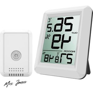 Mrs. Jones Digitale Thermometer Hygrometer Binnen Buiten Groot LCD Display Temperatuur Luchtvochtigheid Monitor Buitensensor Temperatuur/°F-schakelaar Ideaal Kantoor etc. Wit .