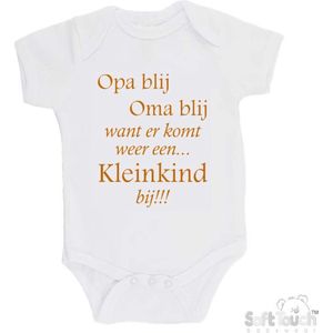 100% katoenen Romper ""Opa blij Oma blij want er komt weer een kleinkind bij!!!"" Unisex Katoen Wit/tan Maat 62/68