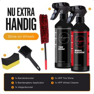 Car Care HPP Banden & Velgen Reinigingsset – Auto was set - met 500 ml Velgenreiniger, 500 ml Tire Shine - Velgen borstel - Bandenglans applicator - Bandenborstel - Voor Schone en Glanzende Wielen