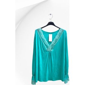 Dames top Emmy effen turquoise met lange mouwen Maat 50/52