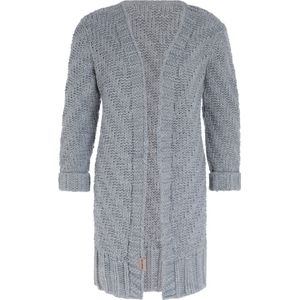 Knit Factory Sally Gebreid Dames Vest - Grof gebreid lichtgrijs damesvest - Cardigan voor de herfst en winter - Middellang vest reikend tot boven de knie - Licht Grijs - 40/42