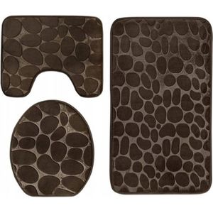 Homely luxe 3 delige badkamermatten set met antislip - toilet badkamer wc bril mat - TR-6 - 3D stone look - donkerbruin - badmat - douchemat 50 x 80 cm