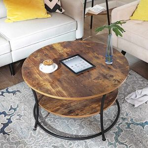 Salontafel rond, Woonkamertafel,Sofatafel met plank, Gemakkelijke montage, Metaal, Industrieel ontwerp, vintage bruin-zwart