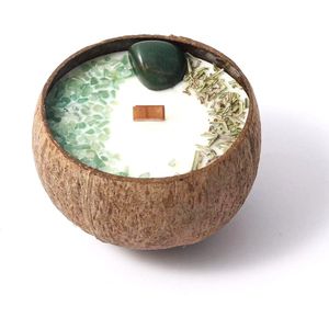 Kaars - Handgemaakte Kokos Kaars - Groen kleur - Met kristallen en gedroogde bladeren - Houten lont - 100% Natuurlijke Sojawas - Geurkaars - Sham's Art