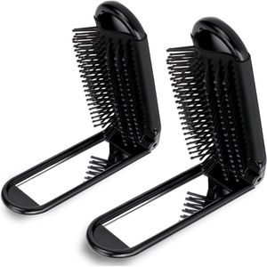 2 stuks opvouwbare haarborstel - draagbare reishaarborstel met spiegel in zakformaat, antistatische mini-haarborstel - kleine compacte massagekam, haarstylingtool - voor vrouwen, meisjes, thuis, op reis, in de sportschool, portemonnee (zwart)