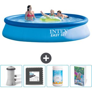 Intex Rond Opblaasbaar Easy Set Zwembad - 396 x 84 cm - Blauw - Inclusief Pomp Vloertegels - Chloor - Zwembadgids