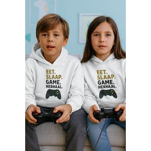 Kinder Hoodie “Eet. Slaap. Game. Herhaal.” – Blauw – Unisex Trui voor Gamers - wit / 3-4 jaar