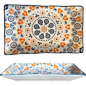 Serveerschaal voor Sushi, Tapas en Hapjes - Rechthoek bord 21x13CM - Oranje/Blauw Boho Bloemen patroon - Keramiek bordje