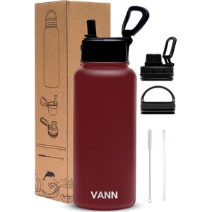 VANN® 3-Wandige Waterfles 1 liter met rietje voor volwassenen – Met 5 accessoires – Bidon RVS – 24 uur koud/12 uur warm – Rood