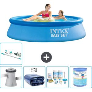 Intex Rond Opblaasbaar Easy Set Zwembad - 244 x 61 cm - Blauw - Inclusief Pomp Solarzeil - Onderhoudspakket - Filter - Stofzuiger - Vloertegels