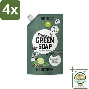 Marcel's Green Soap - Handzeep - Bergamot & Black Pepper - Natuurlijke verzorging - 500 ml - Voordeelverpakking - 4 stuks - Duurzame handzeep - Bergamot zeep