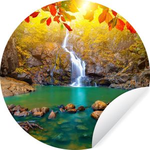 Behangcirkel - Herfst - Waterval - Rots - 140x140 cm - Zelfklevend behang - Behang rond - Behang zelfklevend - Behang cirkel - Ronde schilderijen