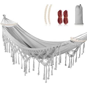 Hangmat met kwasten/franjes, gebogen houten stang, bevestigingsriemen en draagtas voor outdoor, balkon, terras, tuin