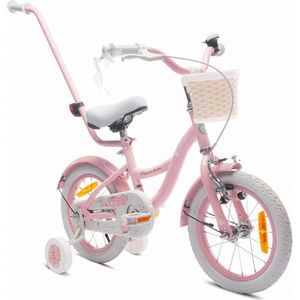 Flower Bike Fiets voor een meisje van 3 tot 5 jaar, 14 inch Roze, met fietsbel, zijwieltjes, duwstang en stuurmandje