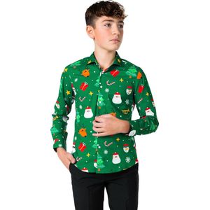 OppoSuits Shirt Festivity Green Kids - Tiener Overhemd - Kerstshirt - Groen - Maat 134/140