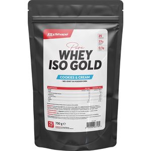 Fit&Shape WHEY ISO GOLD-750gram zak- Smaak: Cookies & Cream (wei-eiwit in poedervorm) +82% proteïne/eiwit percentage (inclusief maatschep)