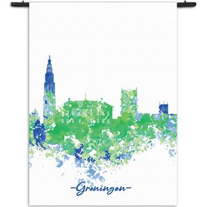 Velours Wandkleed Skyline Groningen Watercolor Paint Rechthoek Verticaal XXXL (260 X 210 CM) - Wandkleden - Met roedes