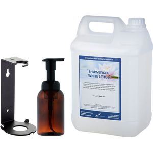 Zeepdispenser 300 ml amber bruin hervulbaar + 5 liter Showergel White Lotus navulling (inclusief beugel)