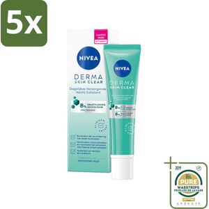 5 x NIVEA - Nacht Exfoliant - DERMA Huidzuiver Dagelijkse Verzorging - Met Salicylzuur (AHA), Glycolzuur & Niacinamide - Tegen Acne & Mee-eters - 40 ml - Grootverpakking - Nacht Exfoliant - Acne Behandeling - Huidzuiver - Exfolieer - Salicylzuur