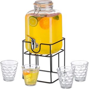 4.2 Litre Drink Dispenser with 4 Glasses Holder - Retro Juice Jug with Tap and Lid - Lemon Tap Transparent - Home Party Essential