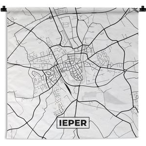 Wandkleed - Wanddoek - België – Ieper – Stadskaart – Kaart – Zwart Wit – Plattegrond - 120x120 cm - Wandtapijt