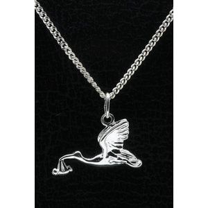 Zilveren Ooievaar met baby ketting hanger