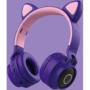WizBay Premium Select® CAT Ear KIDS LED Headset met Microfoon LED op de Buitenkant - HD Bluetooth Phone Call - Ingebouwde Microfoon - SD Card - Verstelbare Hoofdband - Soft Zuurstof doorlatend Ear Pads - Kleur Donker Paars Buitenkant Roze Binnenkant
